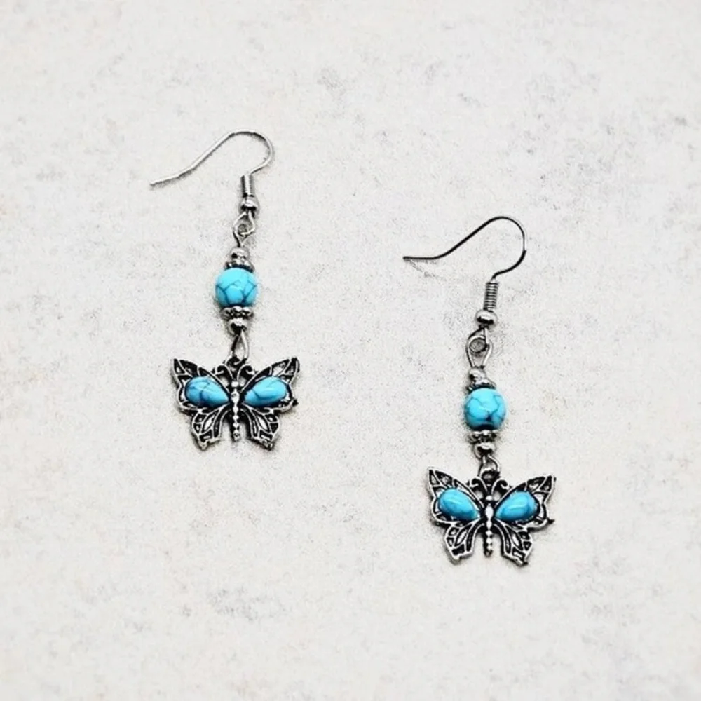 Blue Turquoise Butterfly Dangle Earrings